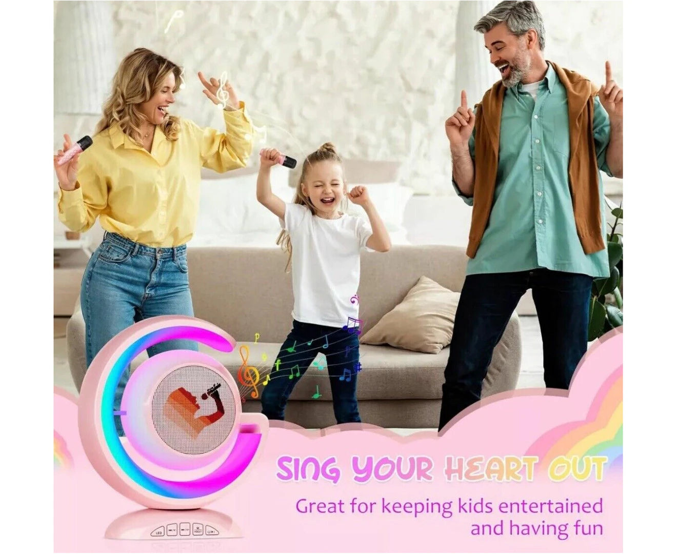Karaoke Machine Adult Kids Girls Gift 2 Wireless Microphone Portable LED Lights