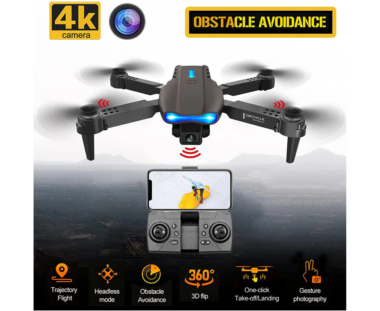 RC Drone with 4K Camera, Mini Drone for Kids and Adults, RC Quadcopter with 3D Flips, Obstacle Avoidance, Trajectory Flight